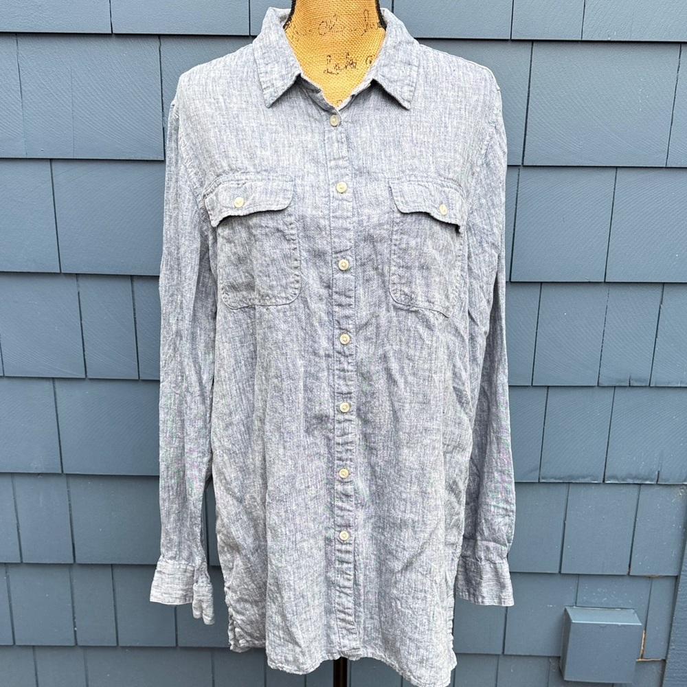 Lands End large 14-16 Blue Button-Up Shirt linen cotton NWOT